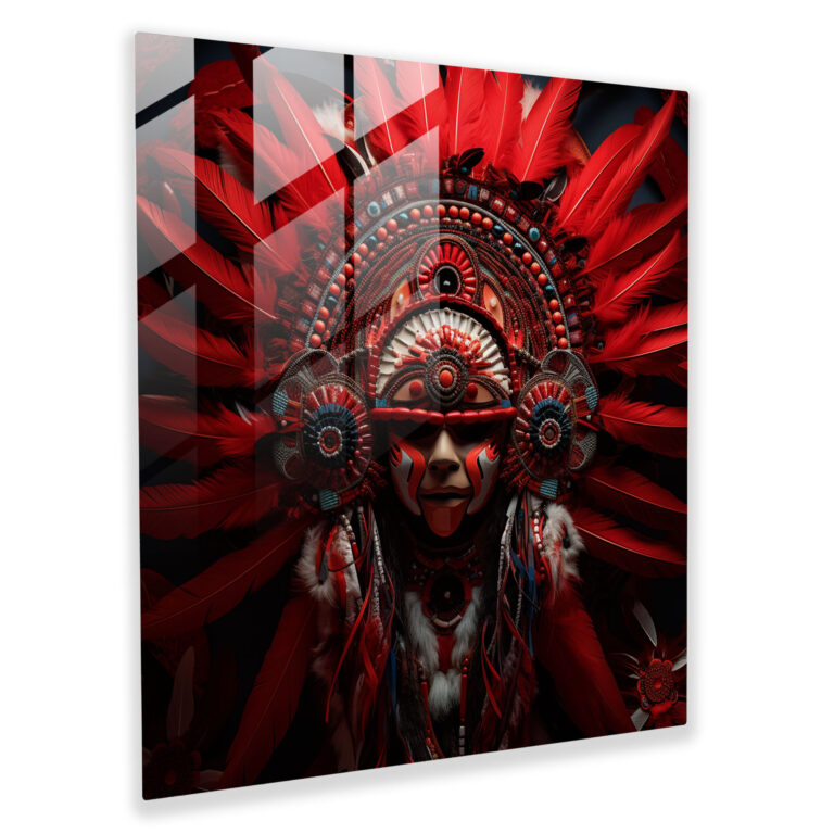 Red Indian Chief Glass Print - Red Indian, Wall Decoration, Intricate Beadwork, Modern Art