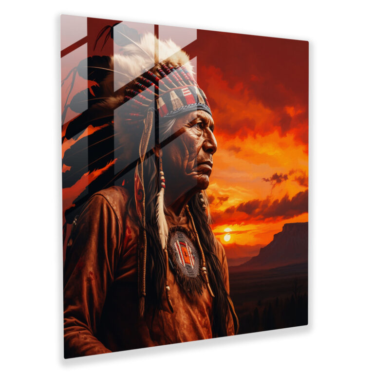 Red Indian Chief Portrait Glass Print - Red Indian, Red Indian Chief, Timeless Beauty, Glass Art