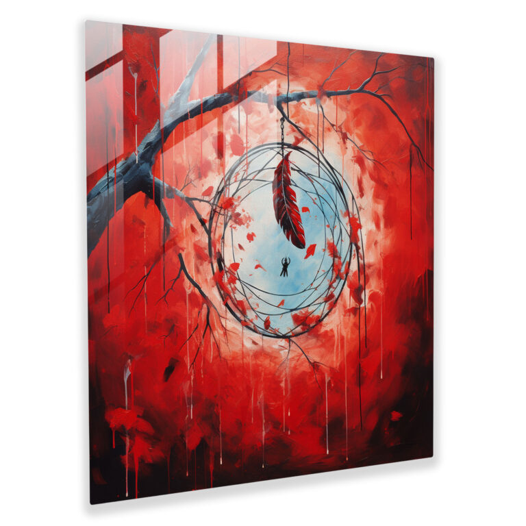 Red Indian Dreamcatcher Glass Print - Red Indian, Vibrant Red Feathers, Glass Print, Modern Art