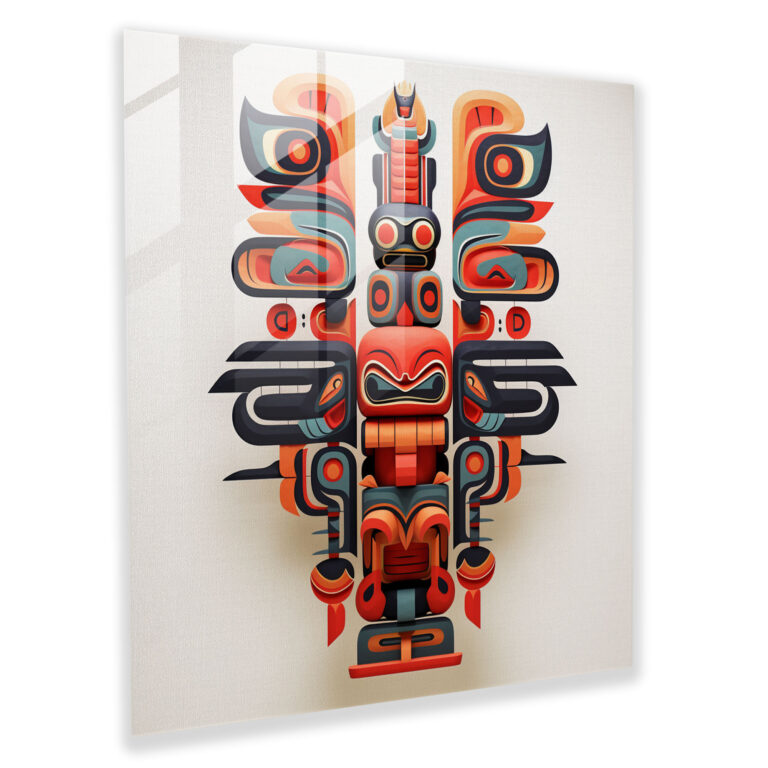 Red Indian Totem Glass Print - Red Indian, Glass Art, Native American Totem Pole, Orange Geometric Patterns