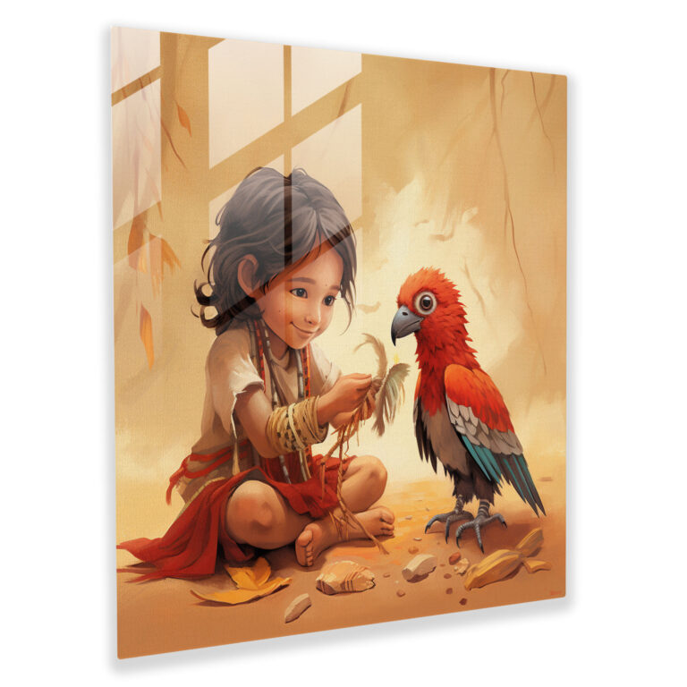 Red Indian Glass Print - Whimsical Native American Child - Red Indian, Adorable Illustration, Modern Art, Wall Decoration