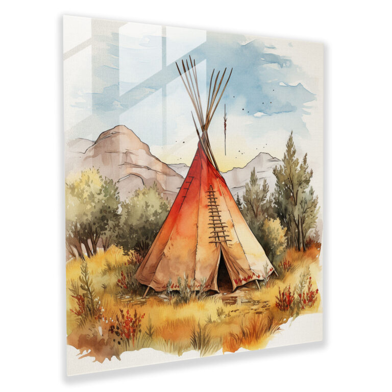 Red Indian Teepee Glass Print - Red Indian, Glass Print, Watercolor, Wall Decoration