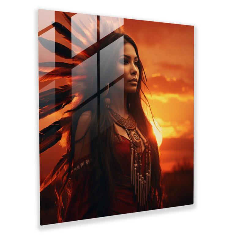 Red Indian Sunset Glass Print - Red Indian, Modern Art, Feathers, Home Decoration