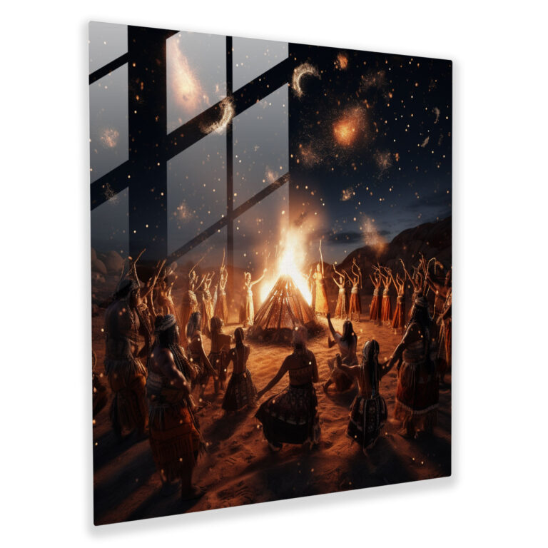 Red Indian Tribal Dance Glass Print - Red Indian, Bonfire, Home Decoration, Glass Art