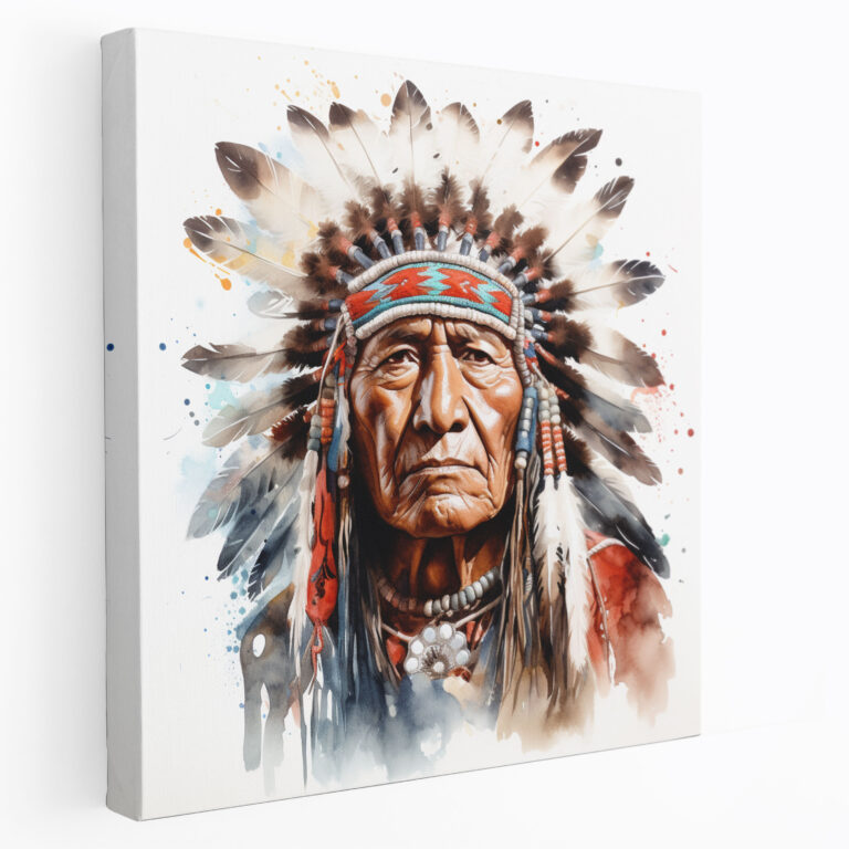 Red Indian Wall Decoration - Native American Chief Close-Up Canvas Print - Red Indian, Wall Art, Canvas Wall Art, Traditional Headdress