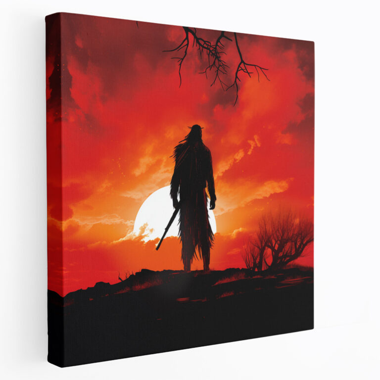 Red Indian Wall Art - Digital Native American Warrior - Red Indian, Red Sky, Silhouette, Canvas Wall Art