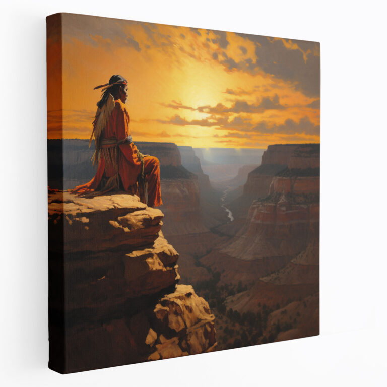 Red Indian Wall Art - Serene Chief Canvas Print - Red Indian, Setting Sun, Home Decoration, Awe