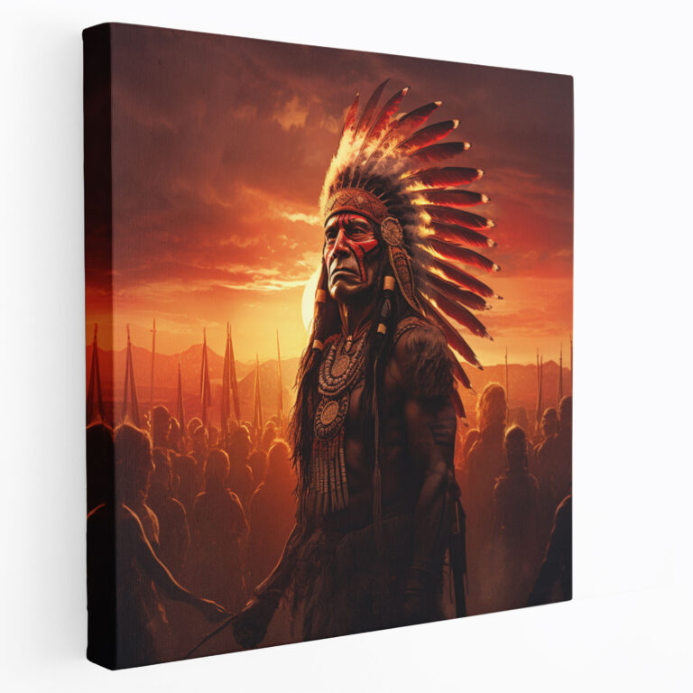 Red Indian Wall Decoration - Powerful Sunset Canvas Print With Chief And Warriors - Red Indian, Canvas, Home Decoration, Chief