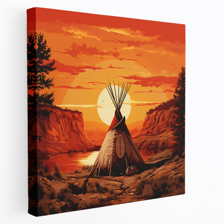 Red Indian Wall Decoration - Picturesque Tipi Sunset Canvas Print For Home Decor - Red Indian, Tipi, Home Decoration, Wall Art