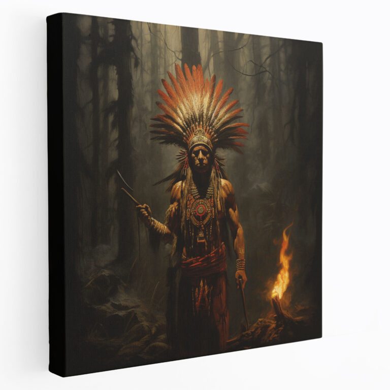 Red Indian Tribal Chief Canvas Print - Red Indian, Burning Torch, Wall Art, Wall Decoration
