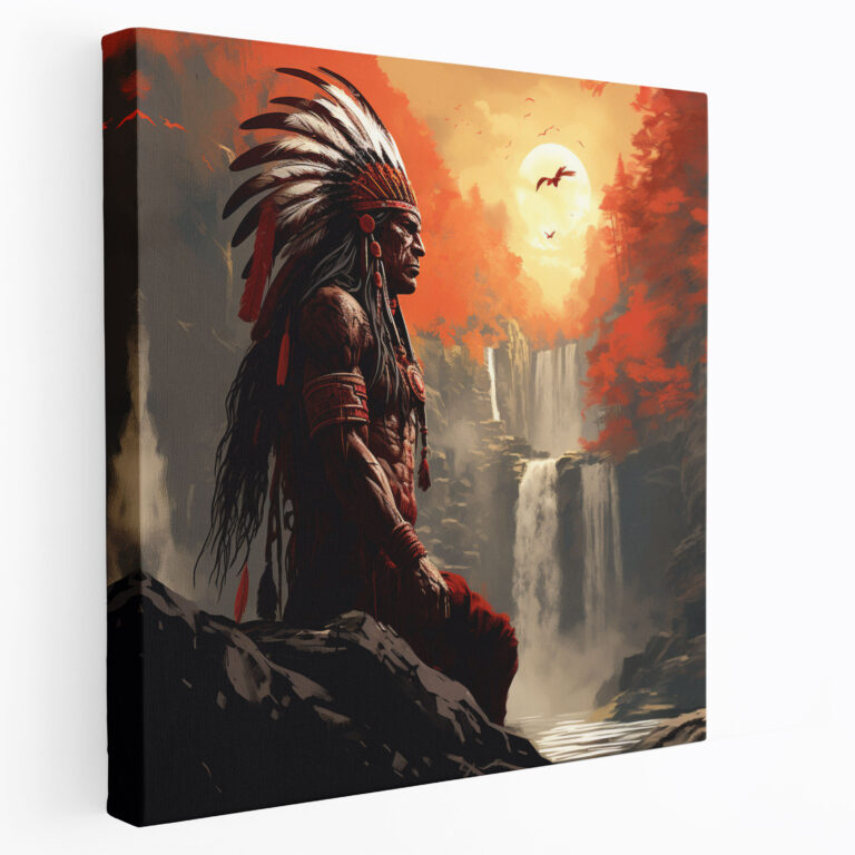 Red Indian Wall Decoration - Mystical Waterfall Digital Illustration Canvas Print - Red Indian, Digital Illustration, Wall Decoration, Home Decoration
