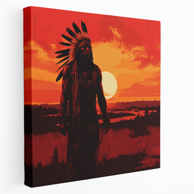 Red Indian Wall Art - Fiery Sunset Chief Silhouette Minimalist Canvas Print - Red Indian, Canvas, Home Decoration, Wall Art