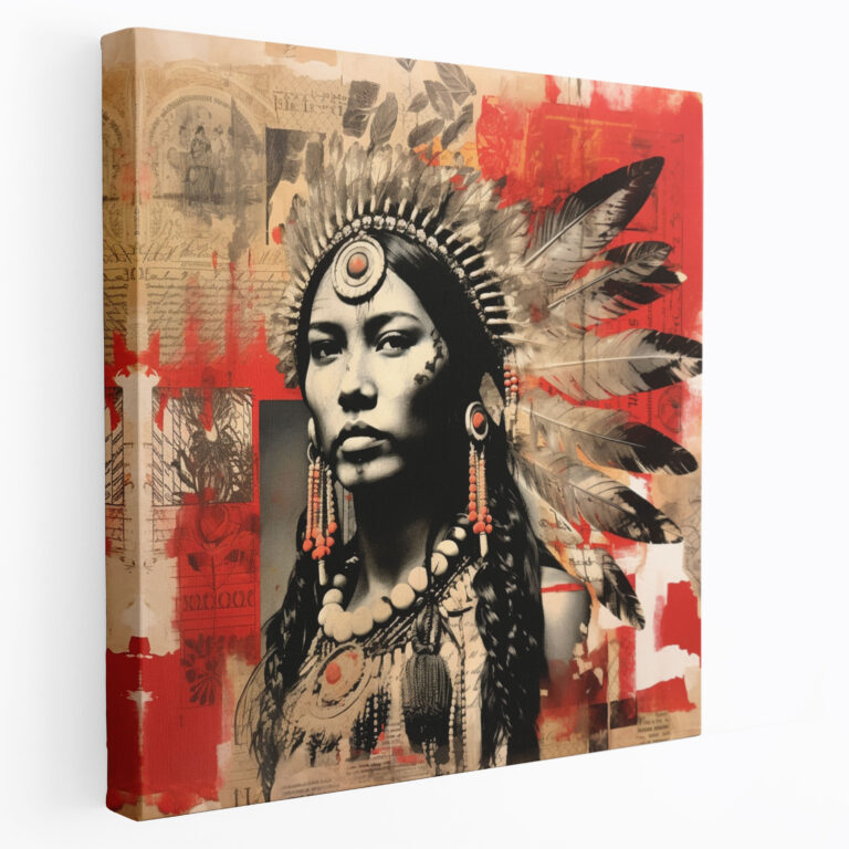 Red Indian Wall Decoration - Vintage Photographs Mixed Media Collage Canvas Print - Red Indian, Red Indian, Vintage Photographs, Wall Art