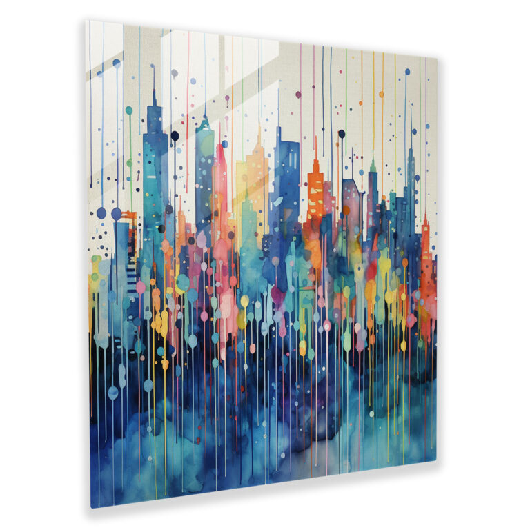 Raindrops Glass Print - Rain, Abstract Watercolor Painting, Home Decoration, Colorful Cityscape