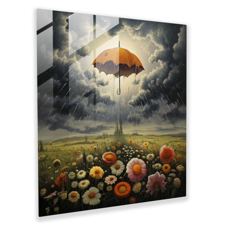 Rainy Blooms Glass Print - Rain, Glass Art, Umbrella, Blooming Flowers