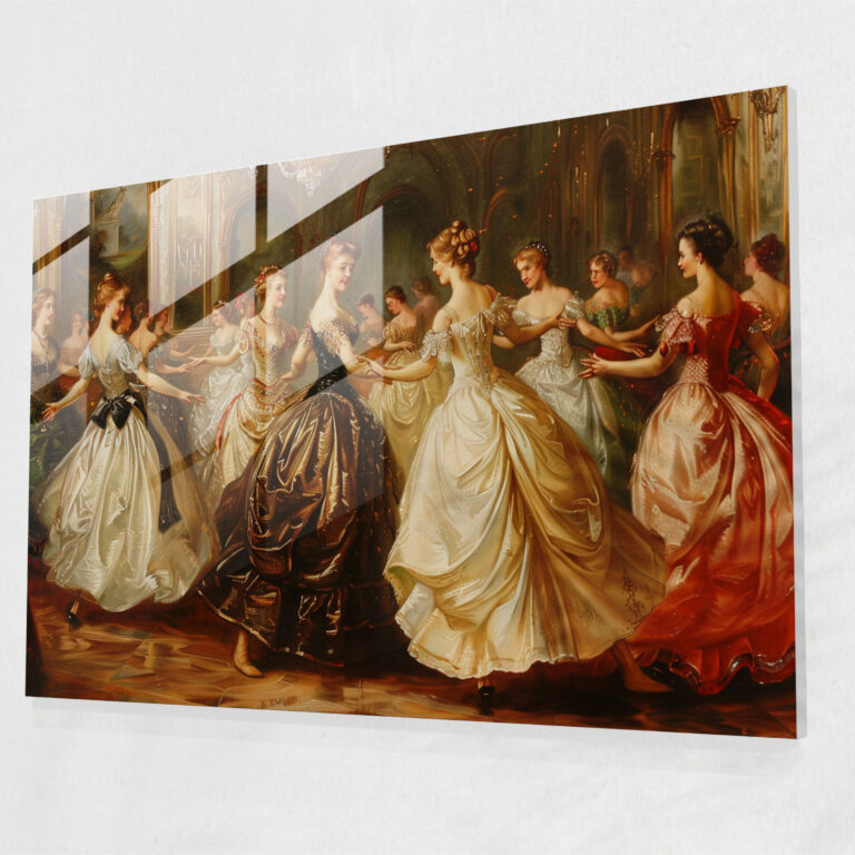 Noblewomen At Ball Rococo Style Painting Glass Print - Rococo Style Painting, Rococo Style Painting, Glass Print, Glass Art