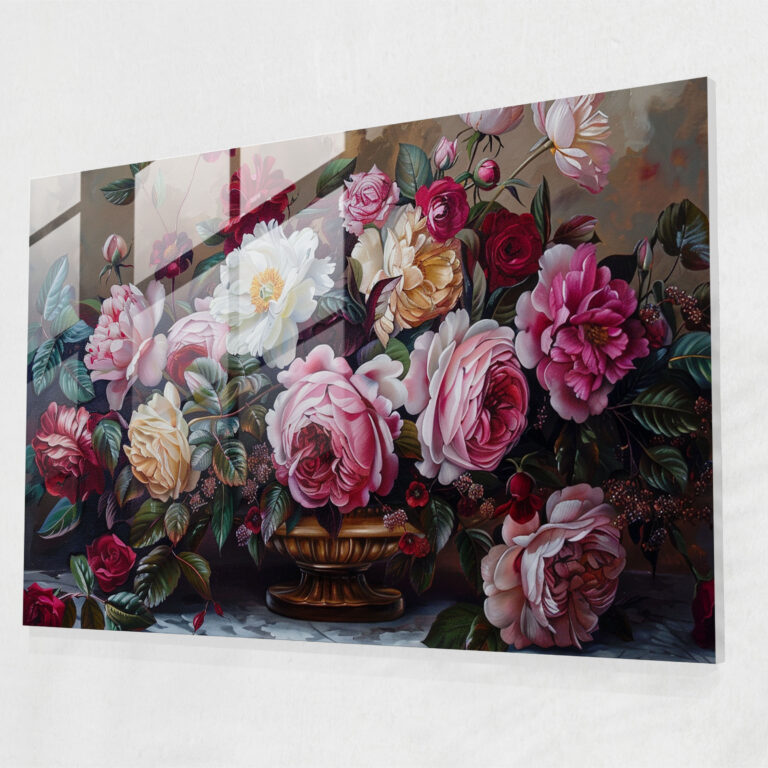 Opulent Floral Still Life Rococo Style Painting Glass Wall Art - Rococo Style Painting, Rich Colors, Home Decoration, Rococo Style Painting