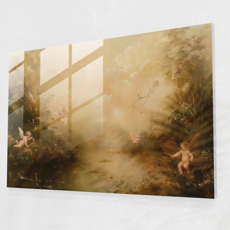 Playful Cherubs In Dreamy Landscape Rococo Style Painting Glass Art - Rococo Style Painting, Wall Decoration, Playful Cherubs, Glass Art