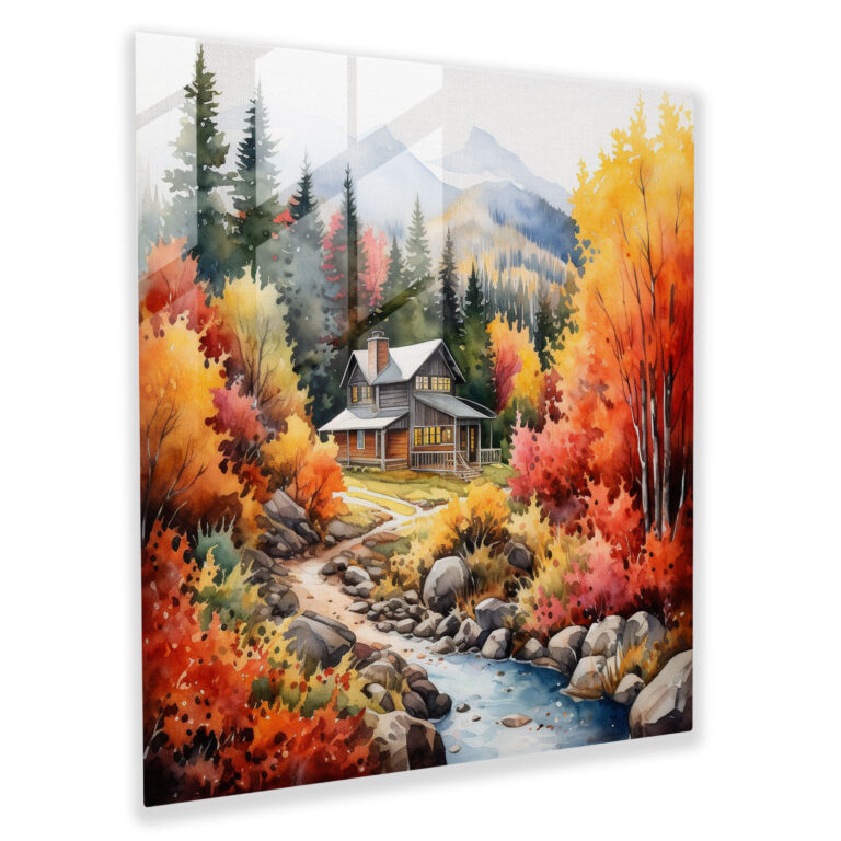 Rustic Mountain Cabin Glass Print - Rustic, Watercolor, Home Decoration, Mountains