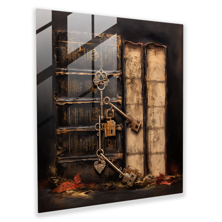 Rustic Mixed Media Glass Print - Antique Keys And Leather Bound Books - Rustic, Glass Wall Art, Wall Decoration, Antique Keys