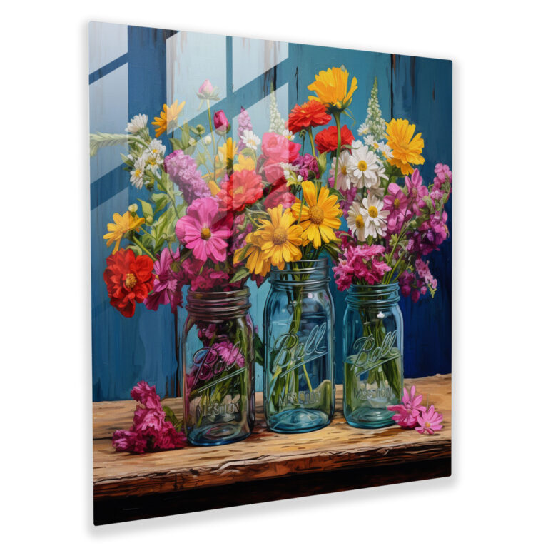 Rustic Still Life Glass Print - Vintage Mason Jars And Wildflowers - Rustic, Modern Art, Home Decoration, Mason Jars