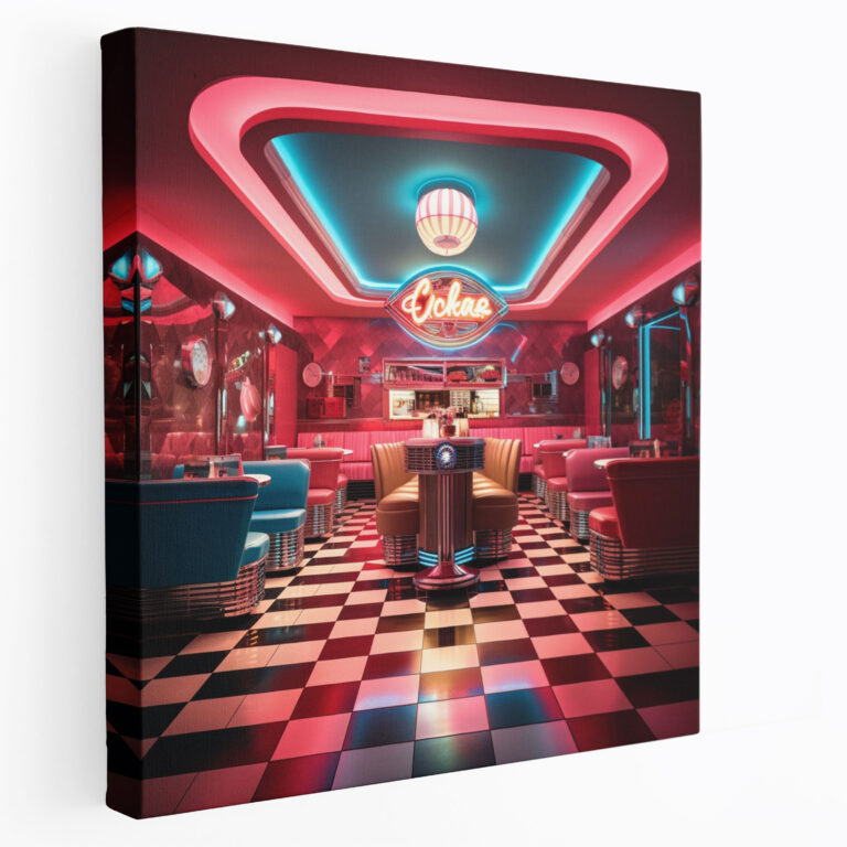Retro Neon Sign Canvas Print - Retro, Wall Art, Checkered Floors, Canvas Wall Art