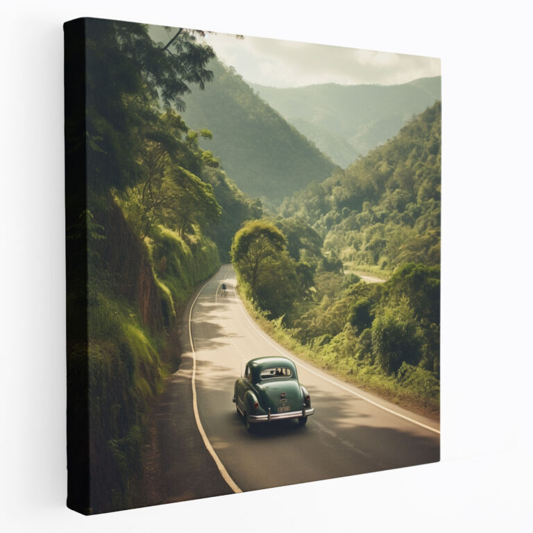 Vintage Car Canvas Print - Retro, Winding Road, Home Decoration, Canvas Wall Art