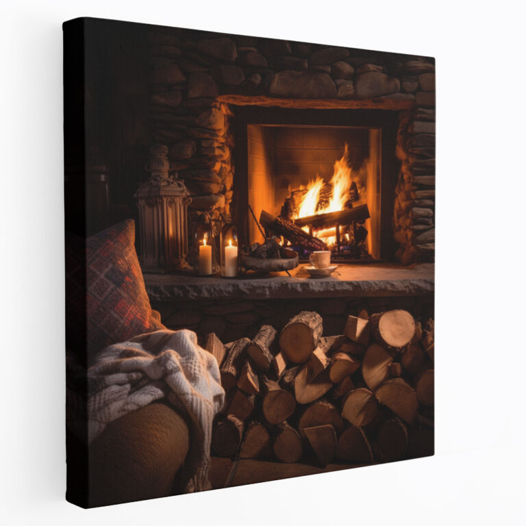 Rustic Fireplace Wall Decoration - Rustic, Cozy Blankets, Stacked Logs, Fireplace