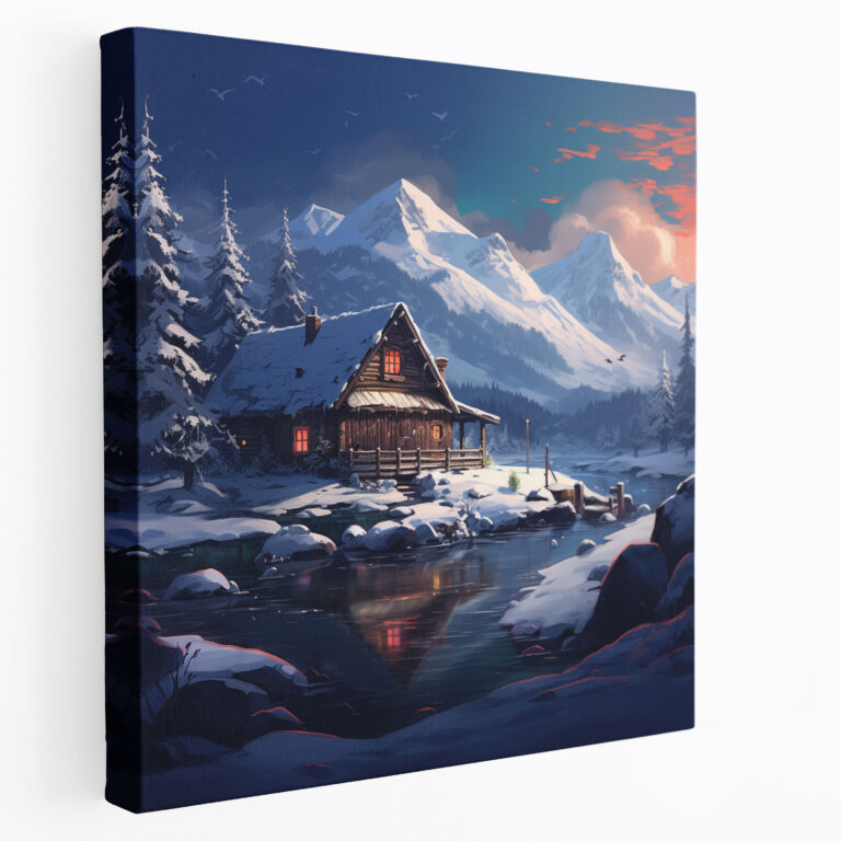 Rustic Snowy Mountain Cabin Wall Art - Rustic, Canvas Wall Art, Snowy Mountains, Winter Wonderland