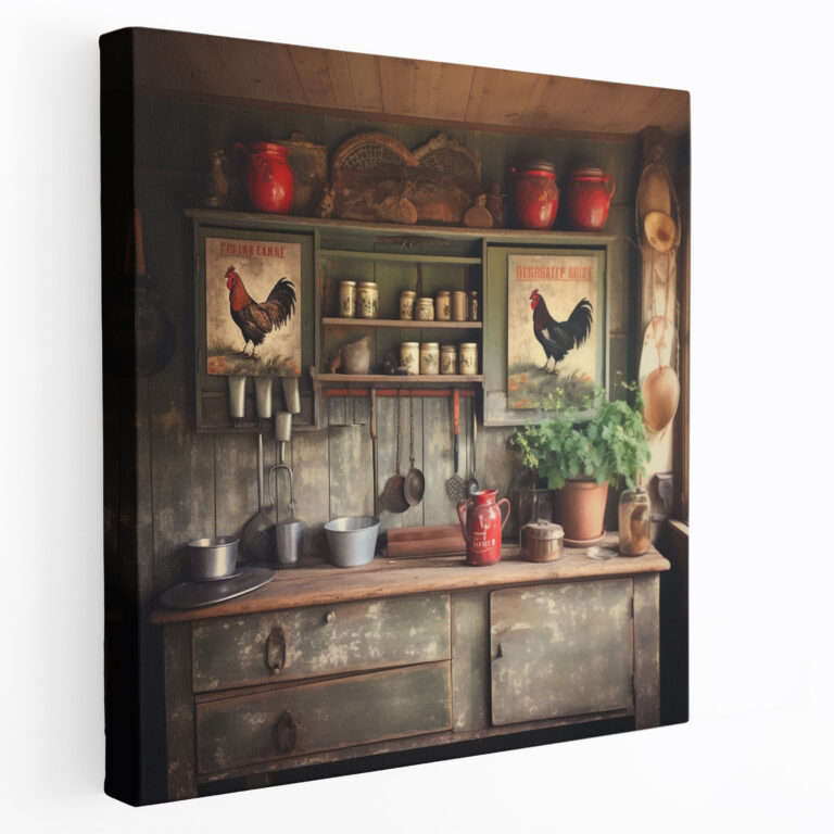 Rustic Farmhouse Canvas Print - Cozy Kitchen Wall Art Decoration - Rustic, Rooster Decor, Vintage Utensils, Home Decoration