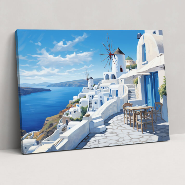 Santorini Canvas Print - Realistic Windmills By The Aegean Sea - Santorini, Timeless Beauty, Wall Art, Home Decoration