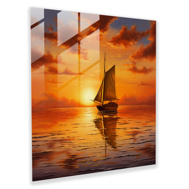 Realistic Sailboat Glass Print - Sailboat, Golden Sunset, Glass Art, Glass Print