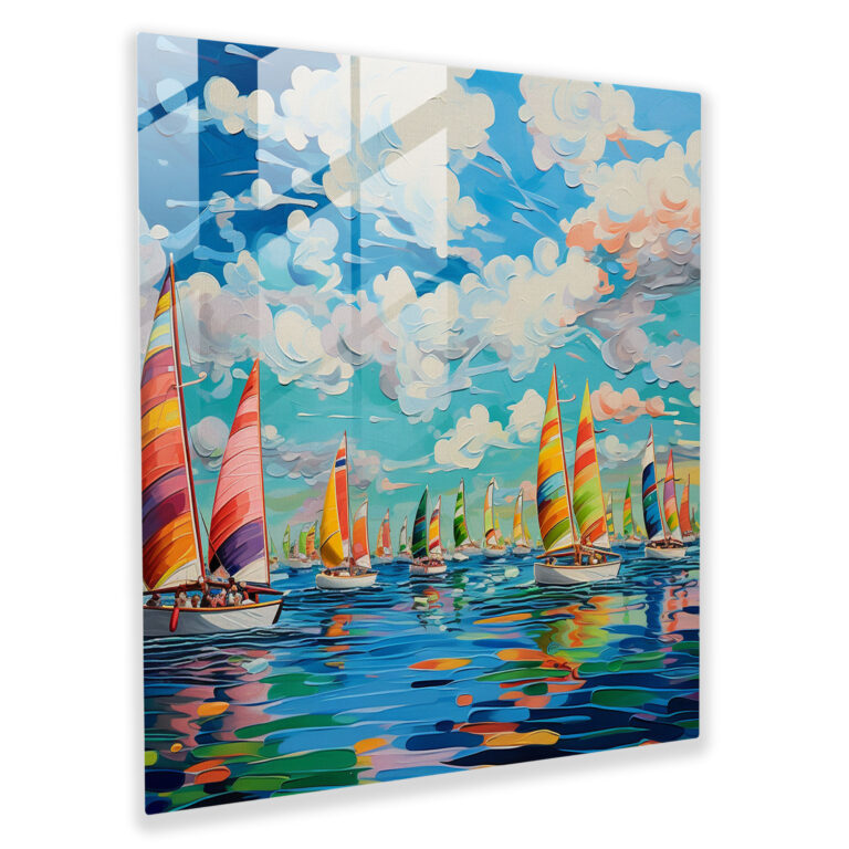 Sailboat Fantasia Glass Print - Sailboat, Wall Decoration, Bright Blue Sky, Whimsical Painting