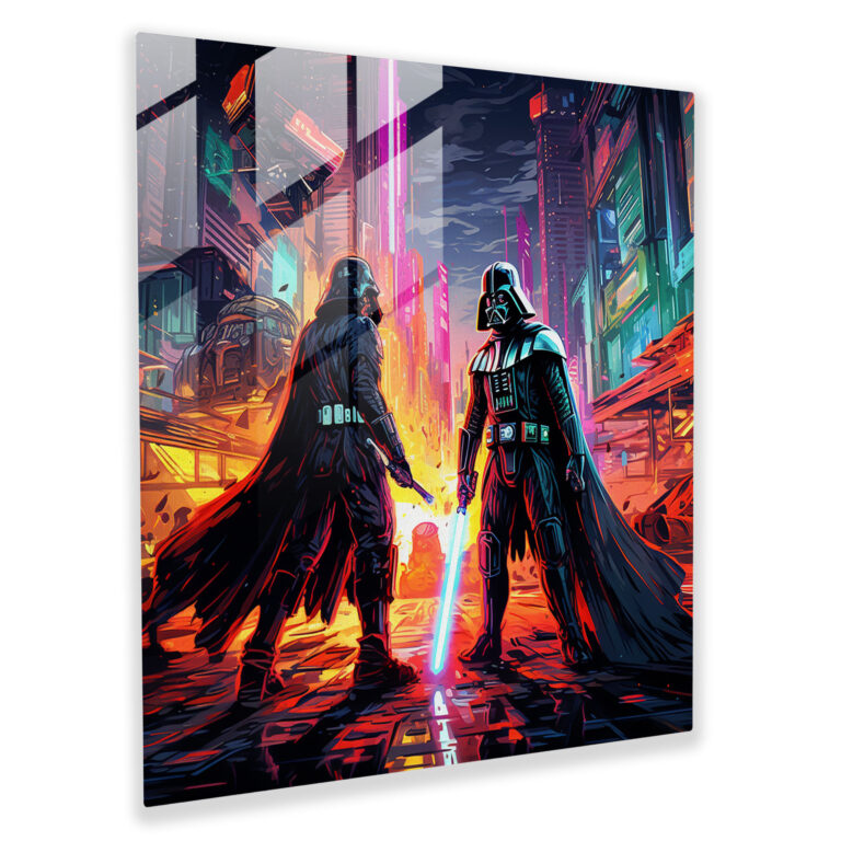 Star Wars Neon Glass Print - Star Wars, Glass Print, Futuristic Cityscape, Lightsaber Duel