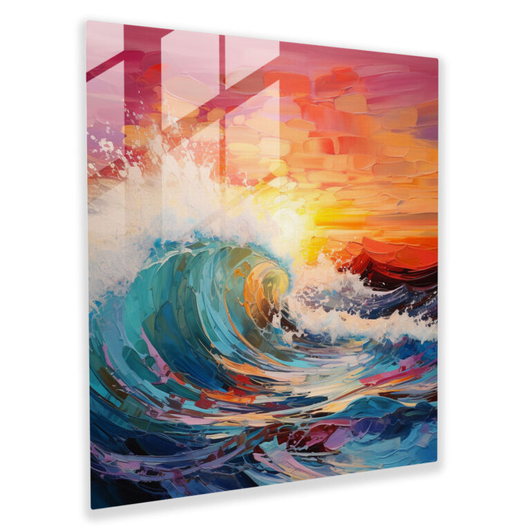 Seascape Glass Print - Colorful Abstract Painting Of Crashing Waves At Sunset - Seascape, Colorful Waves, Glass Print, Modern Art