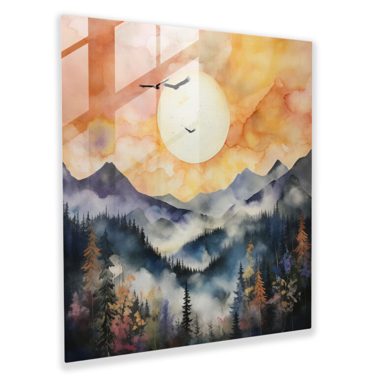 Misty Mountain Sunrise Glass Print - Sunrise, Sunrise, Wall Decoration, Glass Wall Art