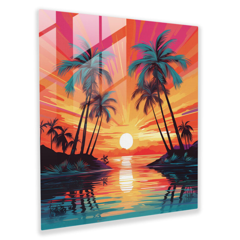 Sunrise Glass Print - Palm Tree Paradise - Sunrise, Tropical, Palm Trees, Wall Decoration