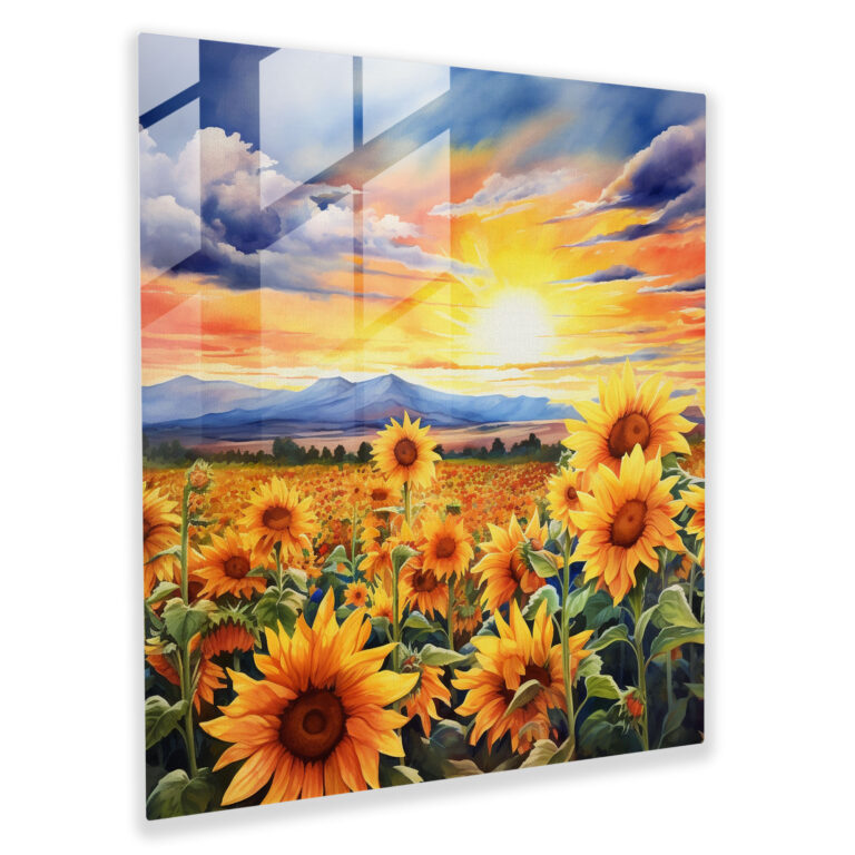 Sunrise Sunflowers Glass Print - Sunrise, Natural Beauty, Glass Wall Art, Nature