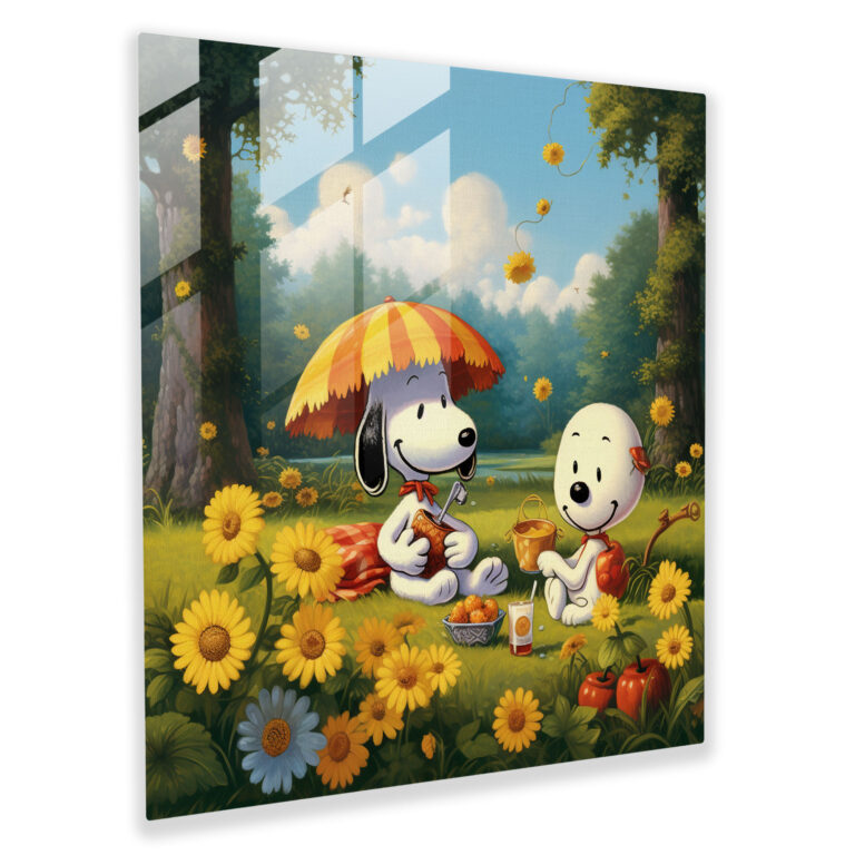 Snoopy Whimsical Cartoon Glass Print - Snoopy, Wall Decoration, Picnic, Glass Wall Art
