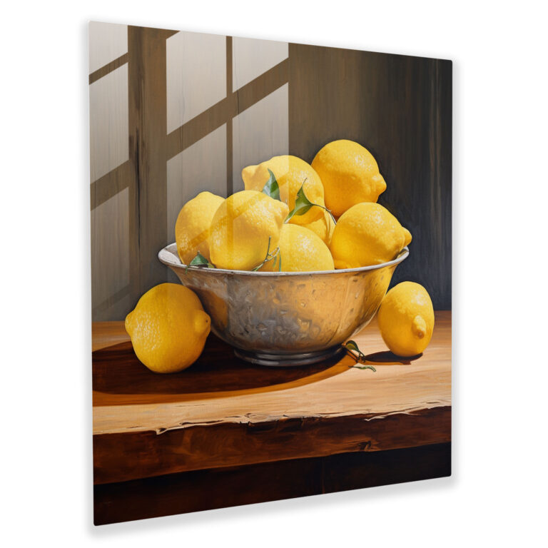 Still Life Glass Print: Rustic Lemons - Still Life, Rustic Wooden Table, Glass Art, Bowl Of Lemons