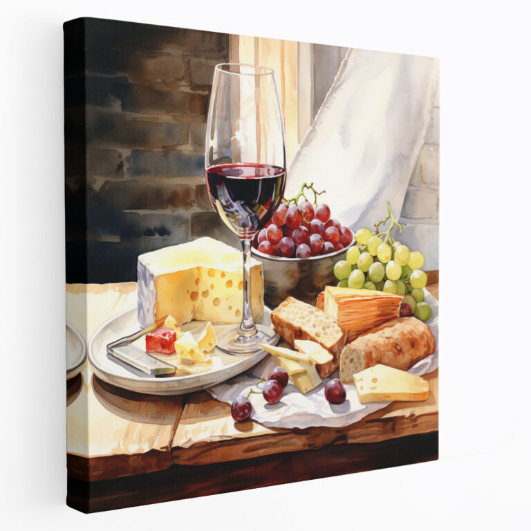Still Life Canvas Print - Realistic Wine And Cheese Wall Art - Still Life, Realistic Watercolor Painting, Wine And Cheese, Home Decoration