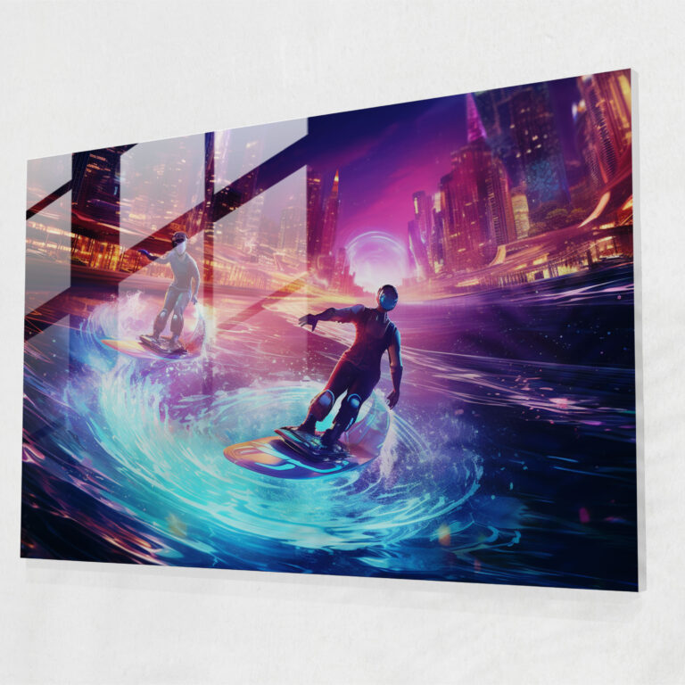 Surfing Glass Wall Art - Surf, Glass Wall Art, Neon-Lit Cityscape, Home Decoration