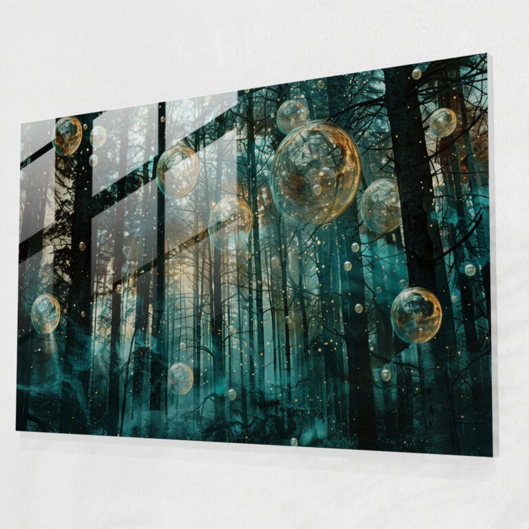 Surrealism Art Glass Wall Art - Mysterious Forest With Floating Orbs - Surrealism Art, Home Decoration, Glass Wall Art, Surrealism Art