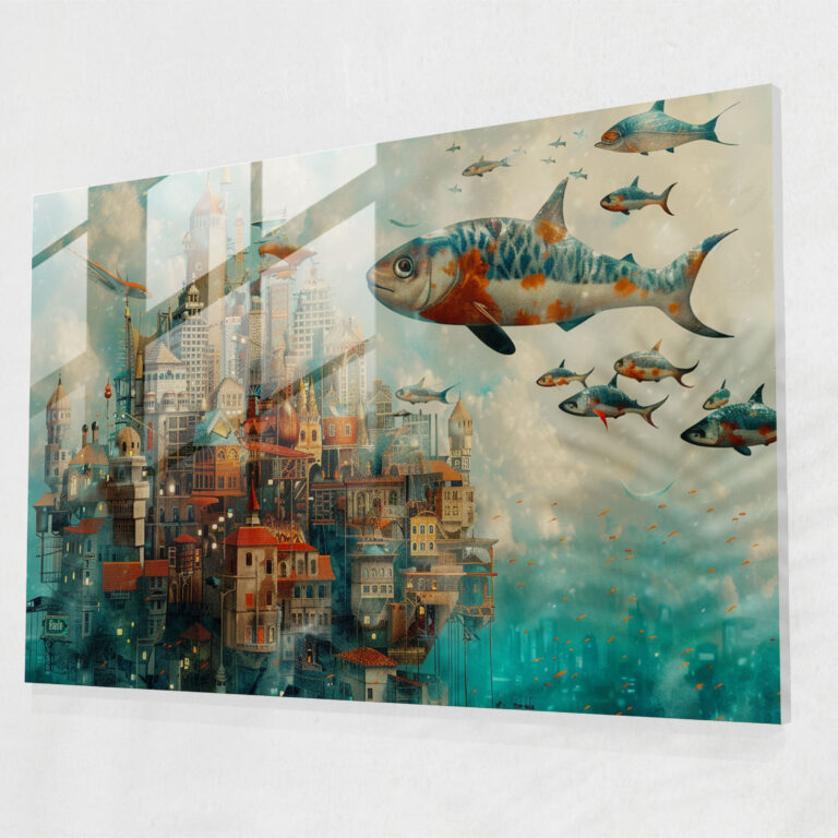 Surrealism Art Wall Decoration - Whimsical Cityscape With Flying Fish - Surrealism Art, Whimsical Decor, Surrealism Art, Modern Art