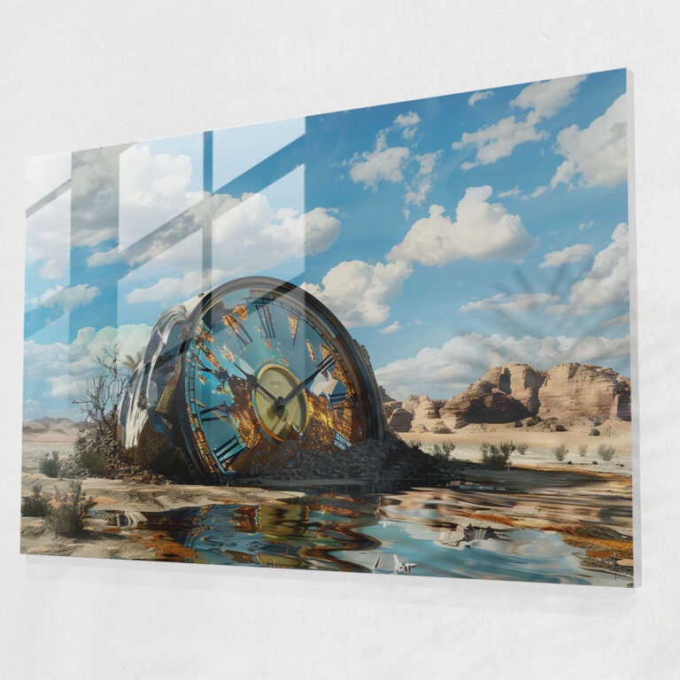 Surrealism Art Glass Art - Abstract Clock Melting In Desert Landscape - Surrealism Art, Surrealism Art, Glass Art, Abstract Design
