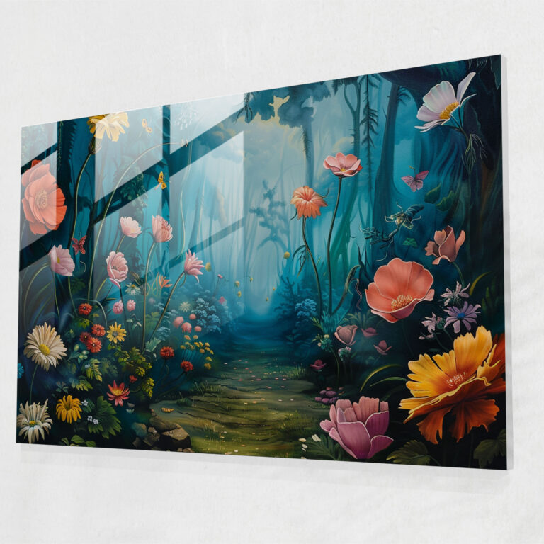 Surrealism Art Modern Art - Enchanted Forest With Oversized Flowers - Surrealism Art, Enchanted Decor, Fantasy Theme, Glass Print