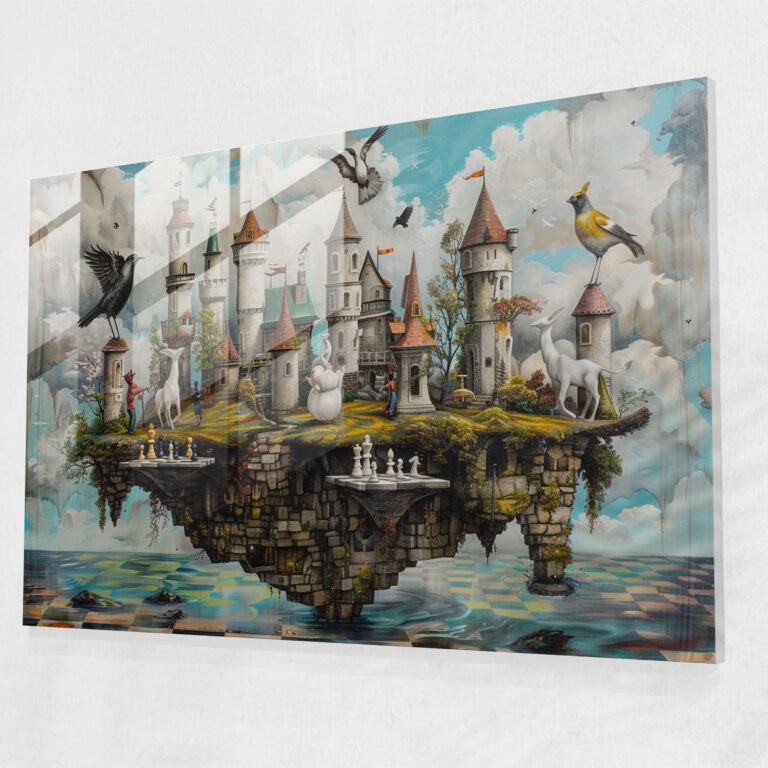 Whimsical Chess Players Glass Print - Surrealism Art, Surrealism Art, Home Decoration, Glass Print
