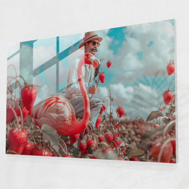 Eccentric Flamingo Rider Glass Wall Art - Surrealism Art, Home Decoration, Glass Wall Art, Wall Decoration