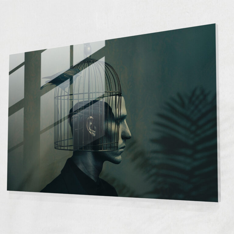 Birdcage Man Glass Art - Surrealism Art, Wall Decoration, Glass Art, Surrealism Art
