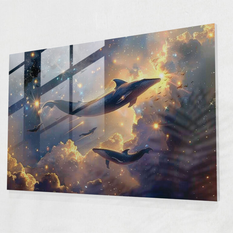 Flying Whales Glass Print - Surrealism Art, Modern Art, Glass Print, Wall Decoration